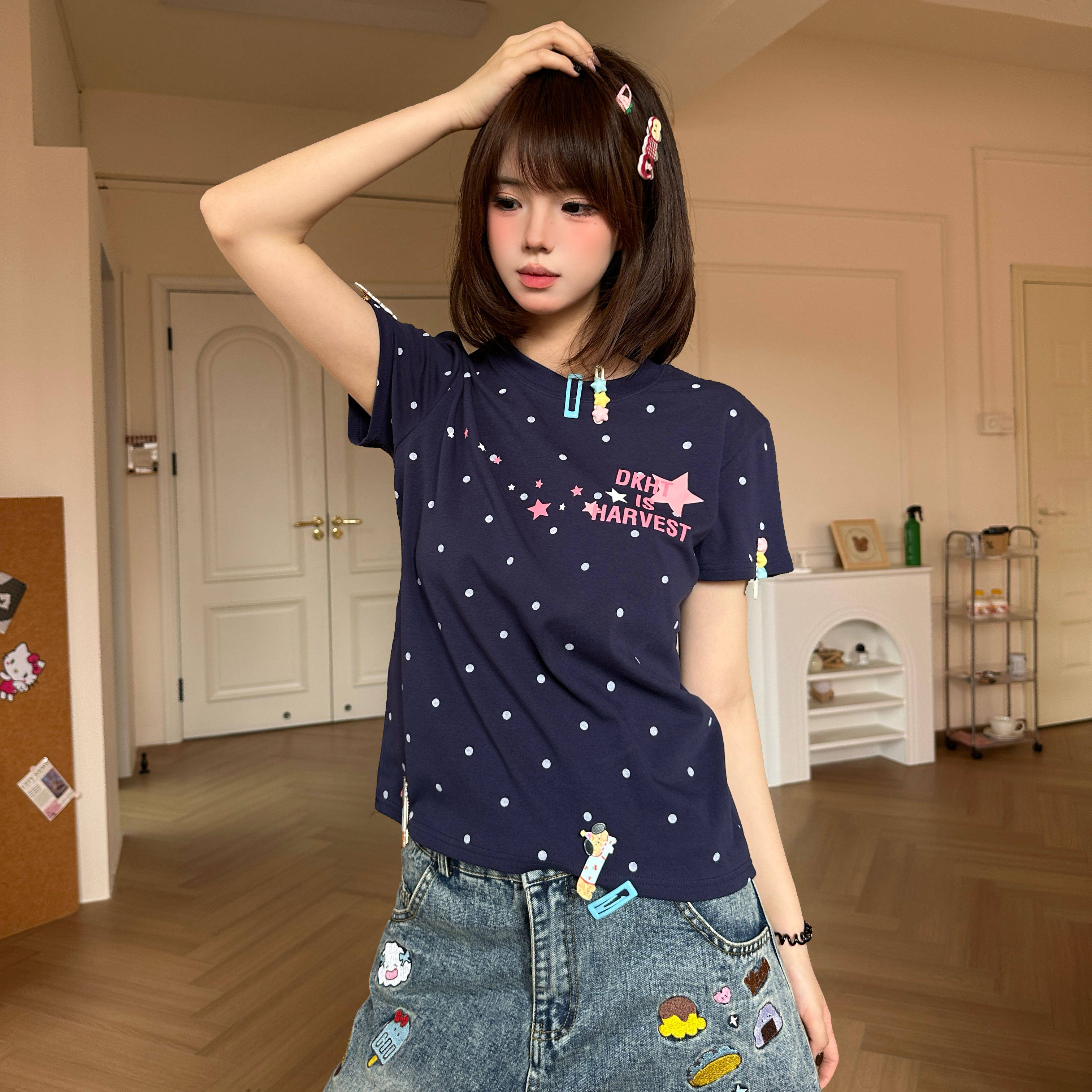 Amoeba韩系复古满印波点送发卡短款正肩宽松T恤女夏季显瘦短袖