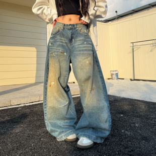 Amoeba美式复古街头水洗做旧泼墨阔腿弯刀牛仔裤男女设计感长裤