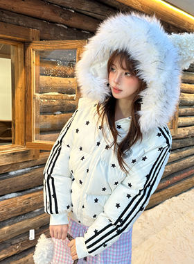 Amoeba原创美式满印星星拼接毛绒可拆卸毛领连帽冬季棉服保暖外套