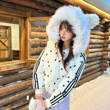 Amoeba原创美式满印星星拼接毛绒可拆卸毛领连帽冬季棉服保暖外套