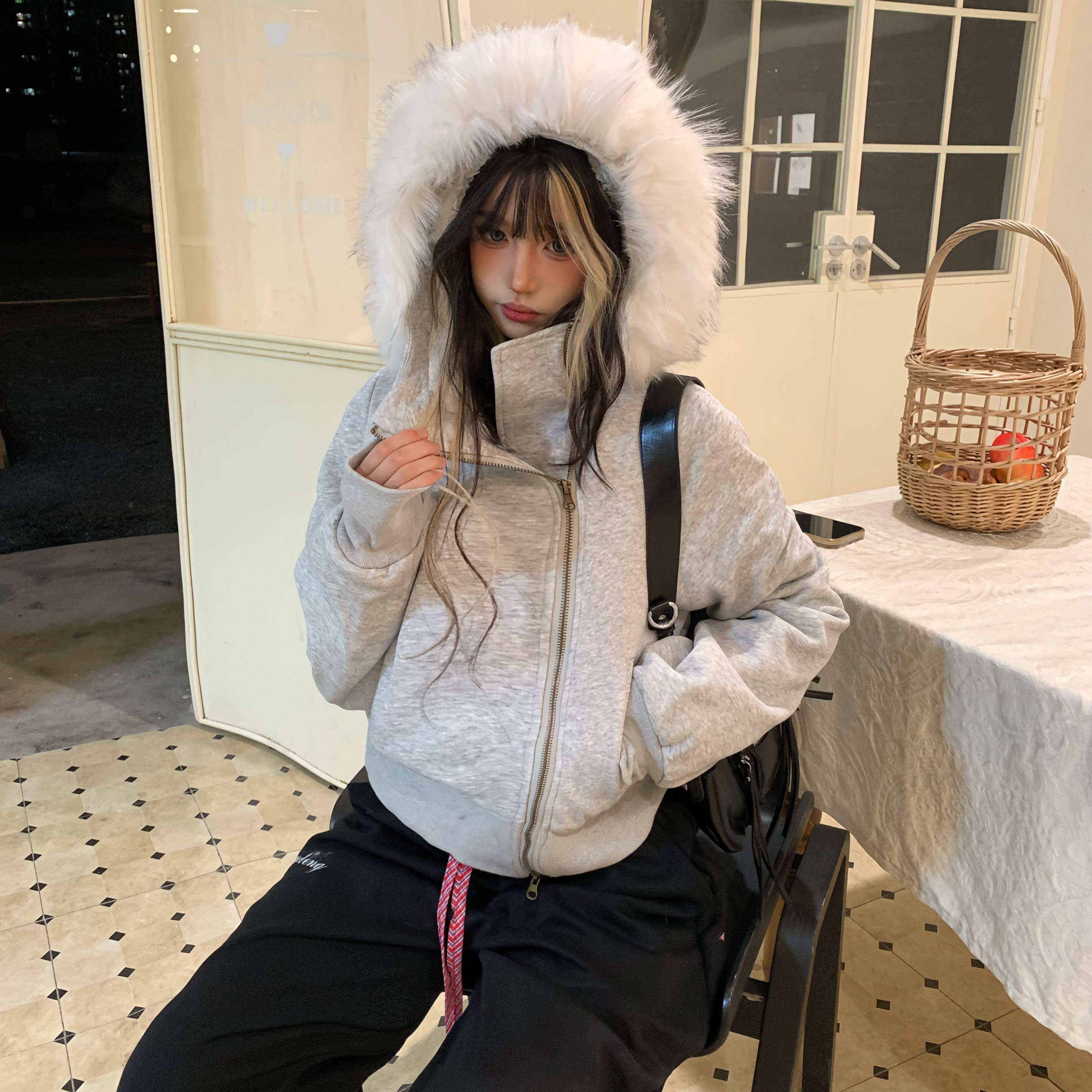 Amoeba美式复古斜拉链可拆卸毛领冬季毛绒内里短款连帽卫衣棉服