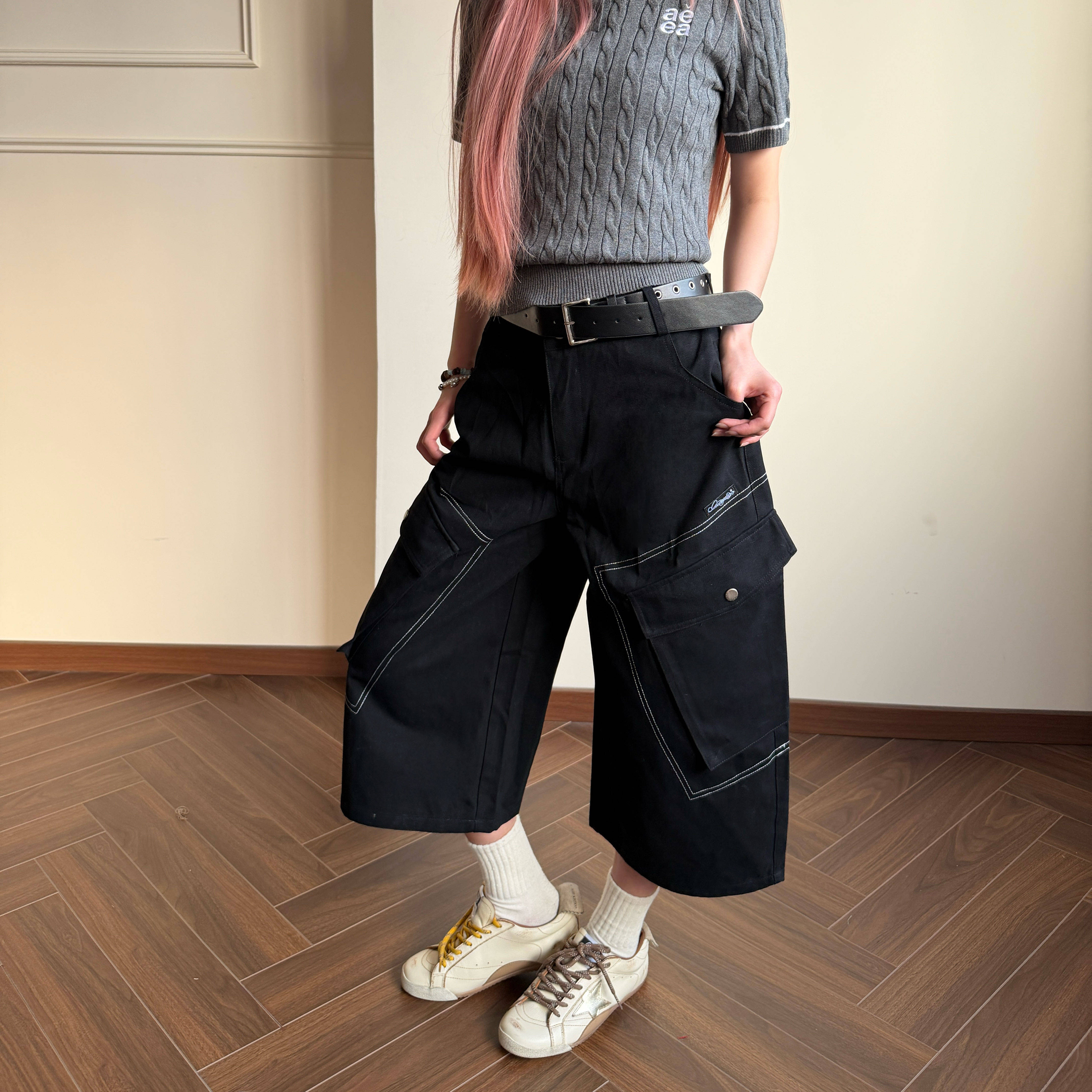 Amoeba美式复古送腰带大口袋阔腿工装七分裤女夏季百搭设计短裤