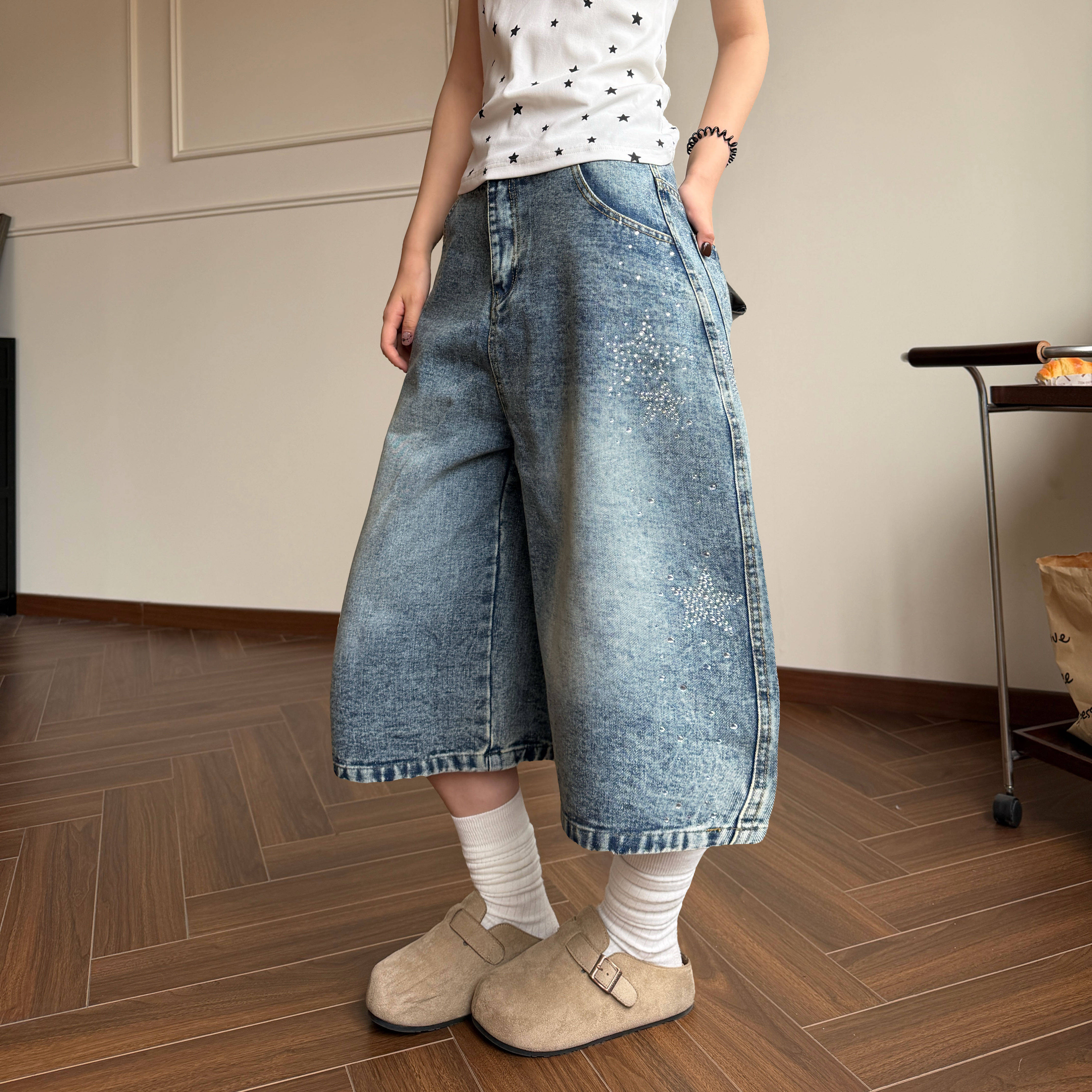 Amoeba美式复古水洗烫钻星星设计感七分牛仔裤夏季宽松直筒短裤