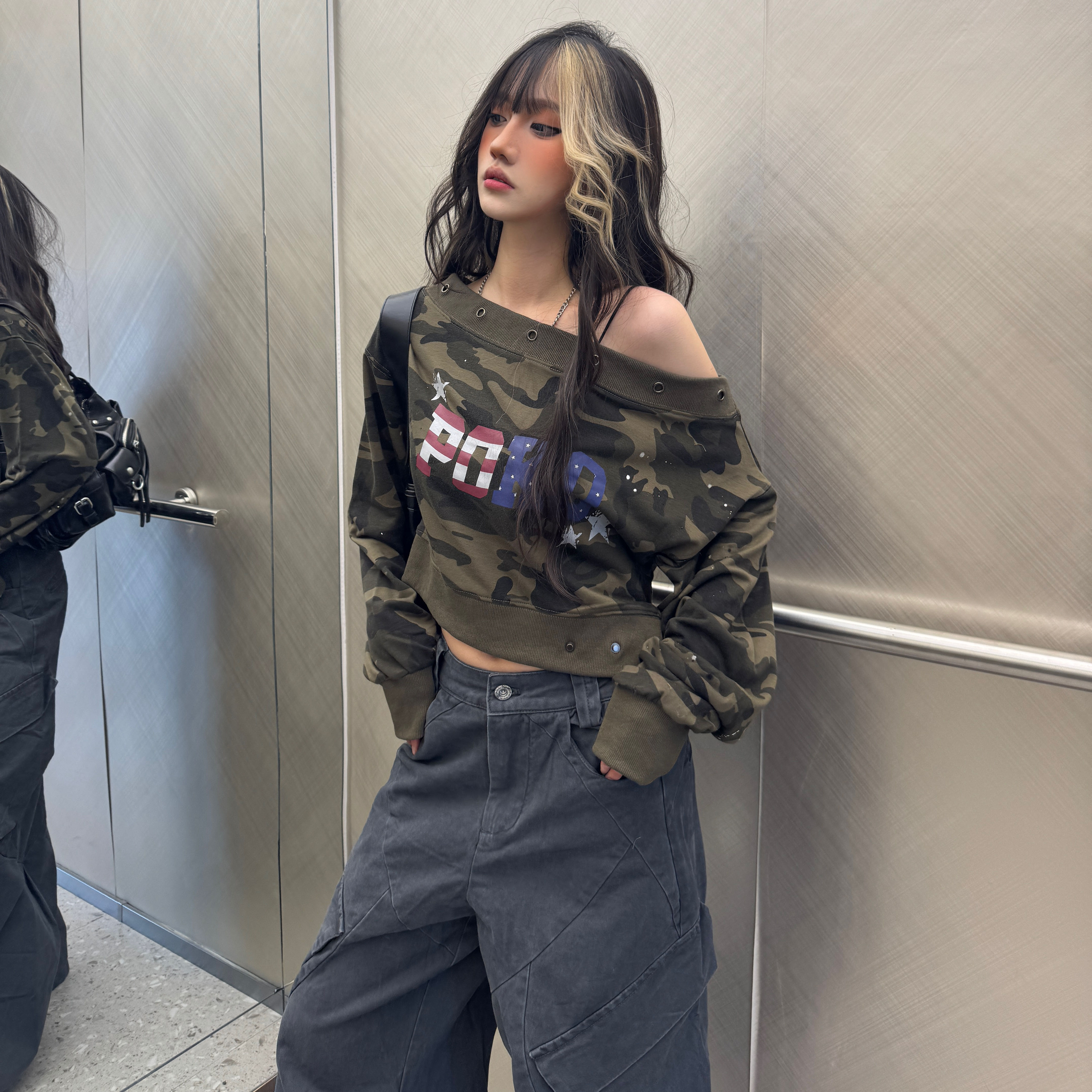 美式复古水洗做旧泼墨斜肩卫衣