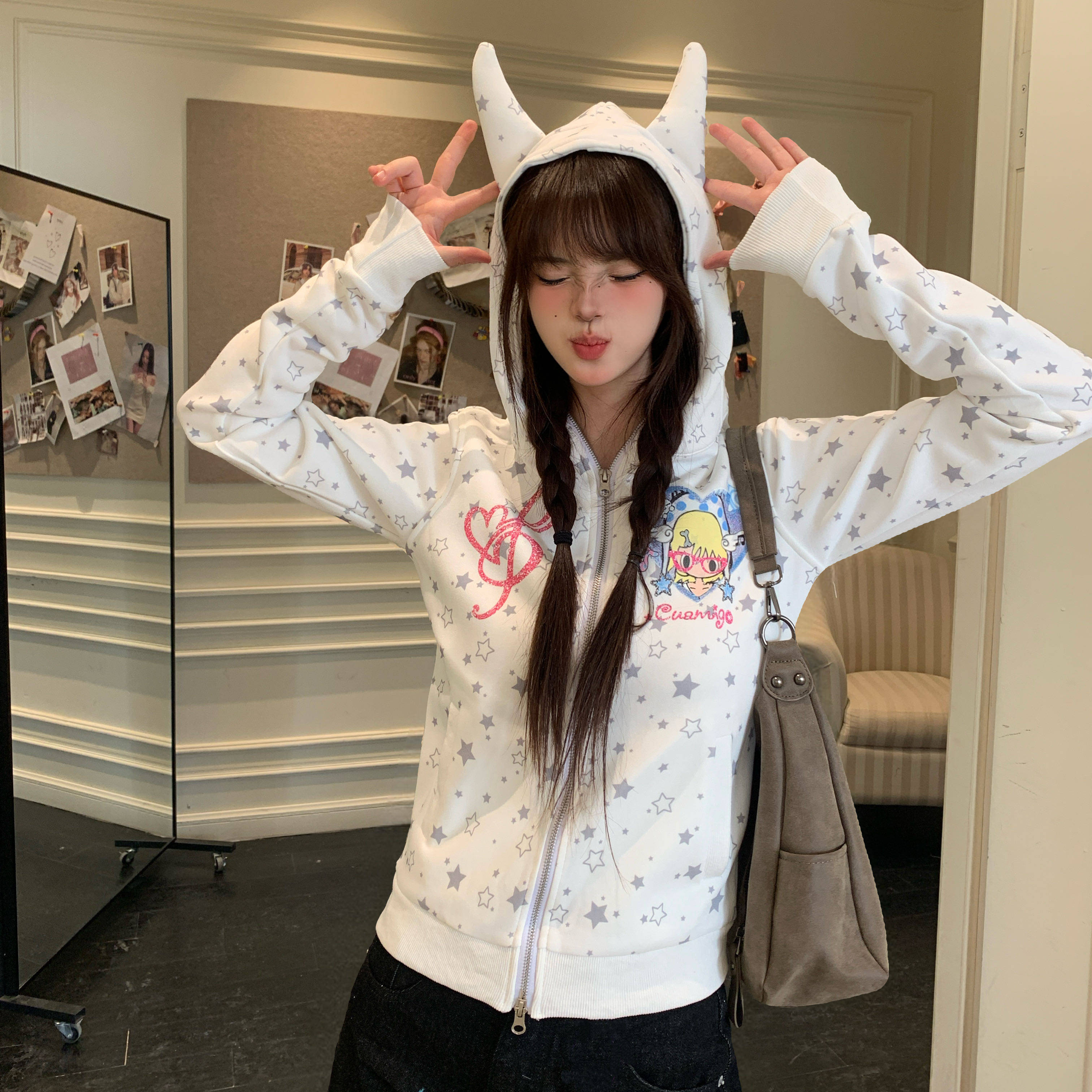 Amoeba复古甜酷轻亚Y2K满印星星卡通少女印花短款连帽卫衣外套