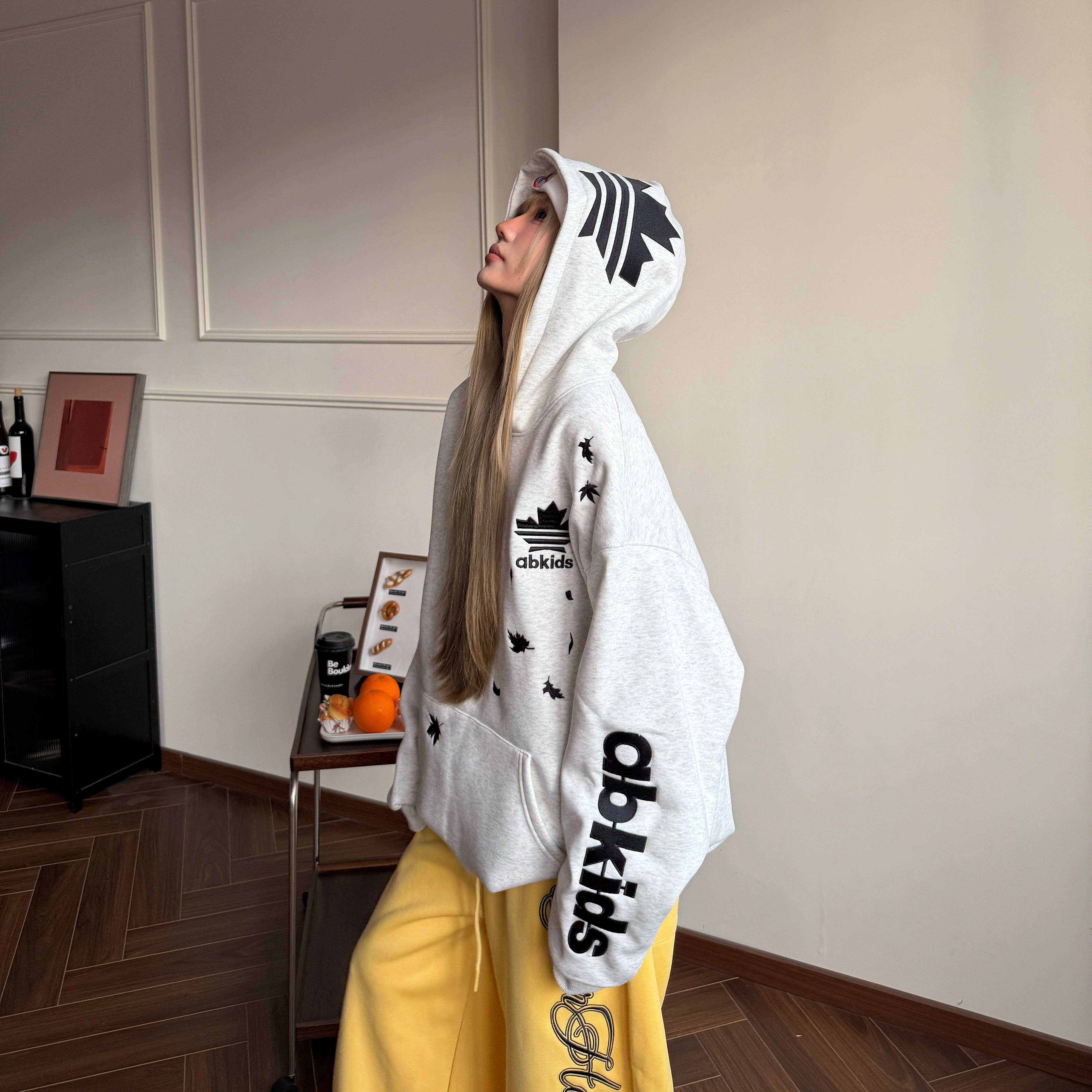 Amoeba美式复古枫叶字母刺绣连帽卫衣男女情侣春季宽松设计感帽衫