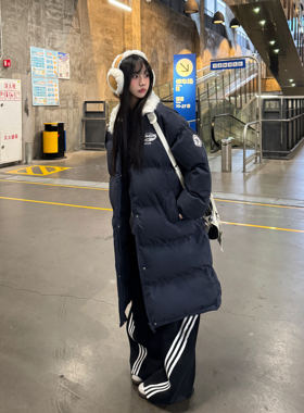 Amoeba原创美式翻毛领宽松中长款棉服女休闲学院风过膝加厚外套