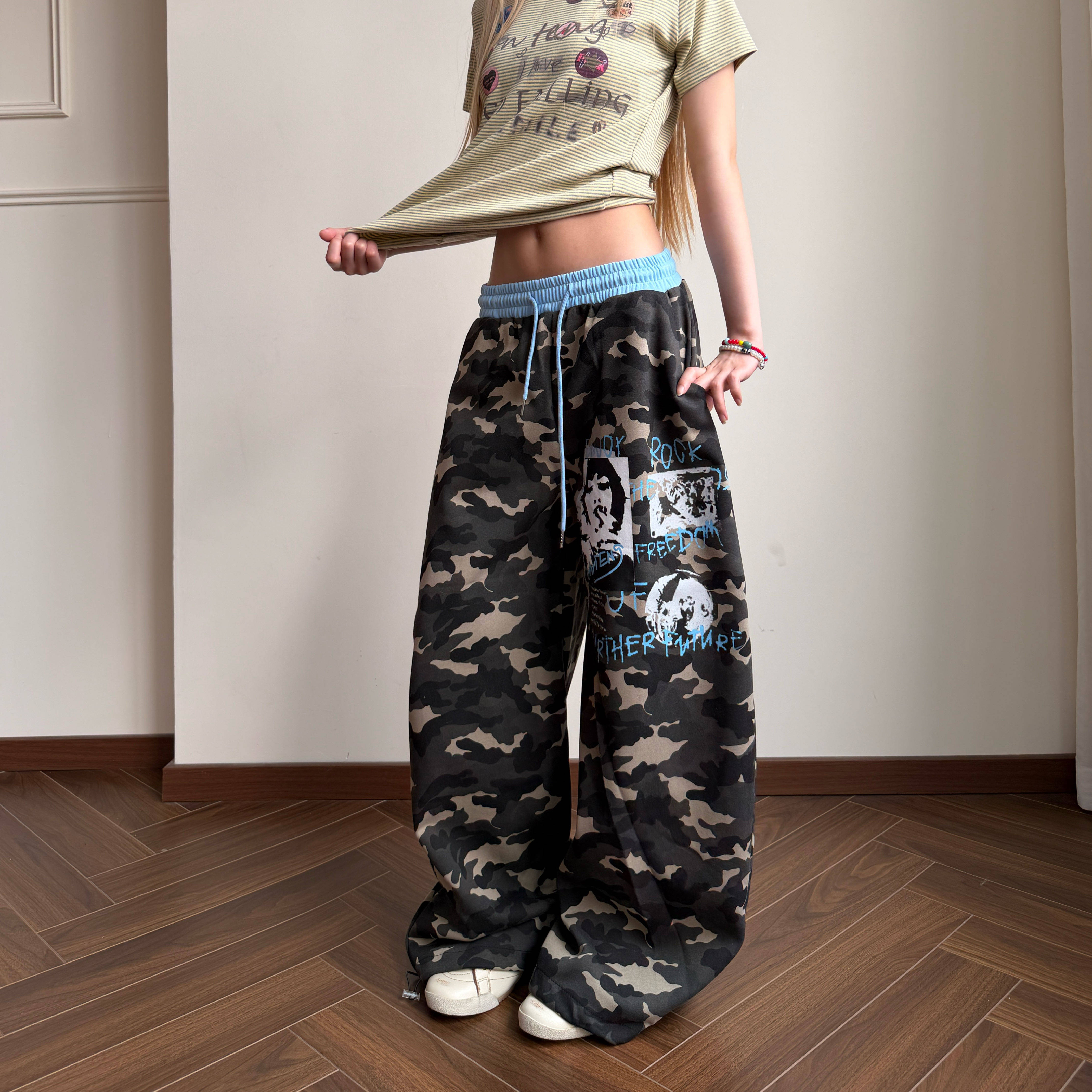 Amoeba美式复古街头设计感人像印花撞色宽松阔腿街舞迷彩休闲卫裤