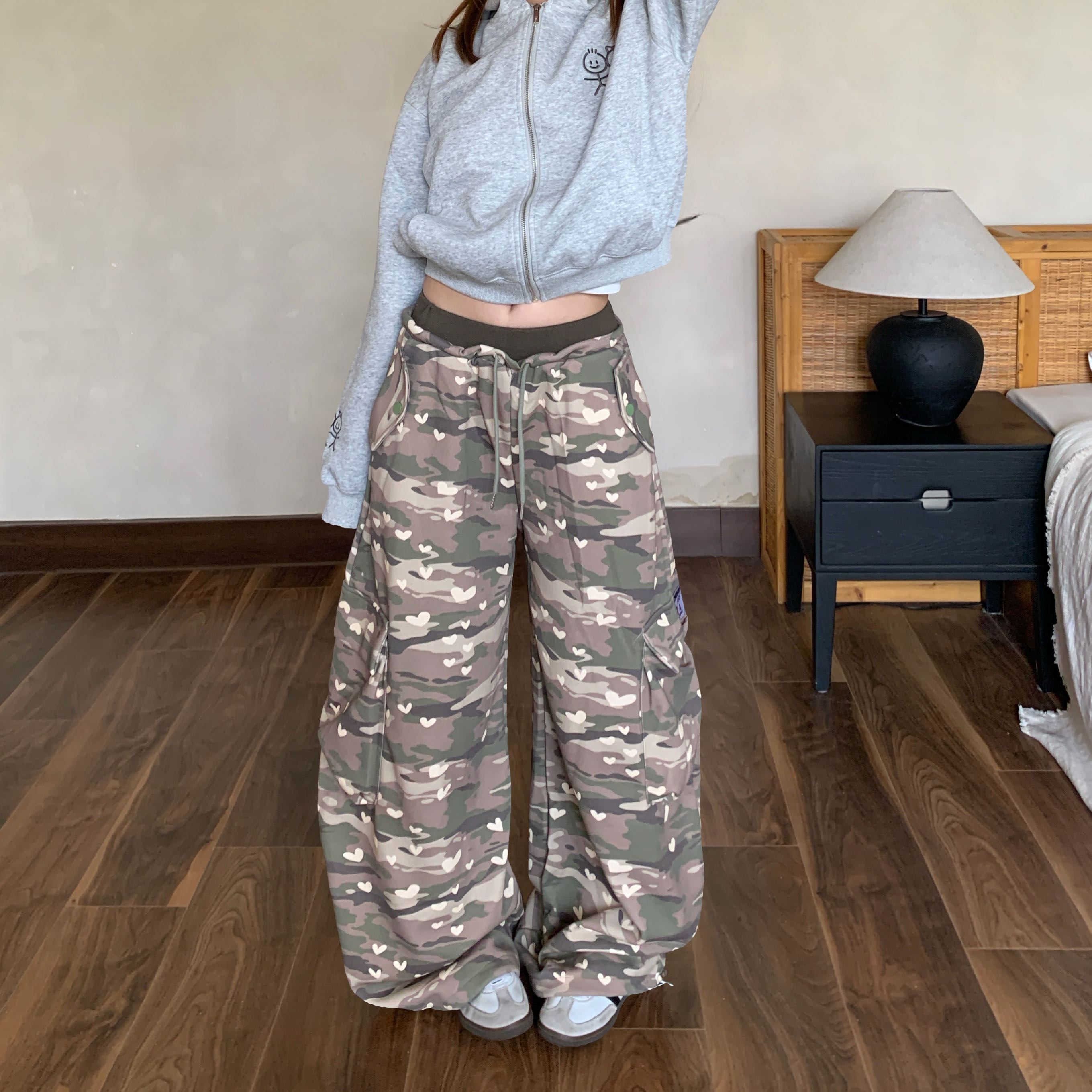 Amoeba美式复古街头心形迷彩阔腿大口袋工装卫裤男女百搭直筒长裤
