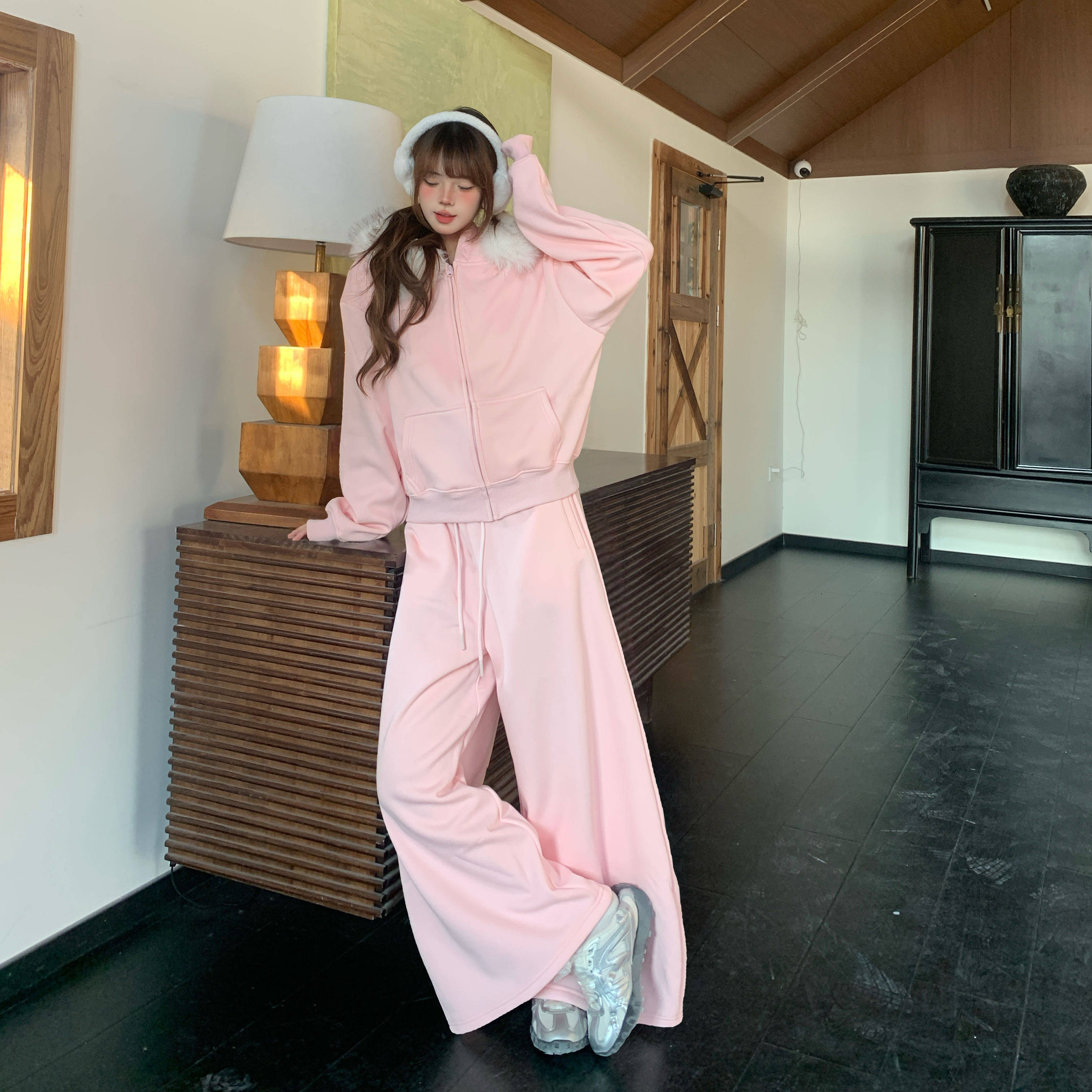 Amoeba美式复古休闲简约可拆卸毛领加绒连帽卫衣外套直筒卫裤套装