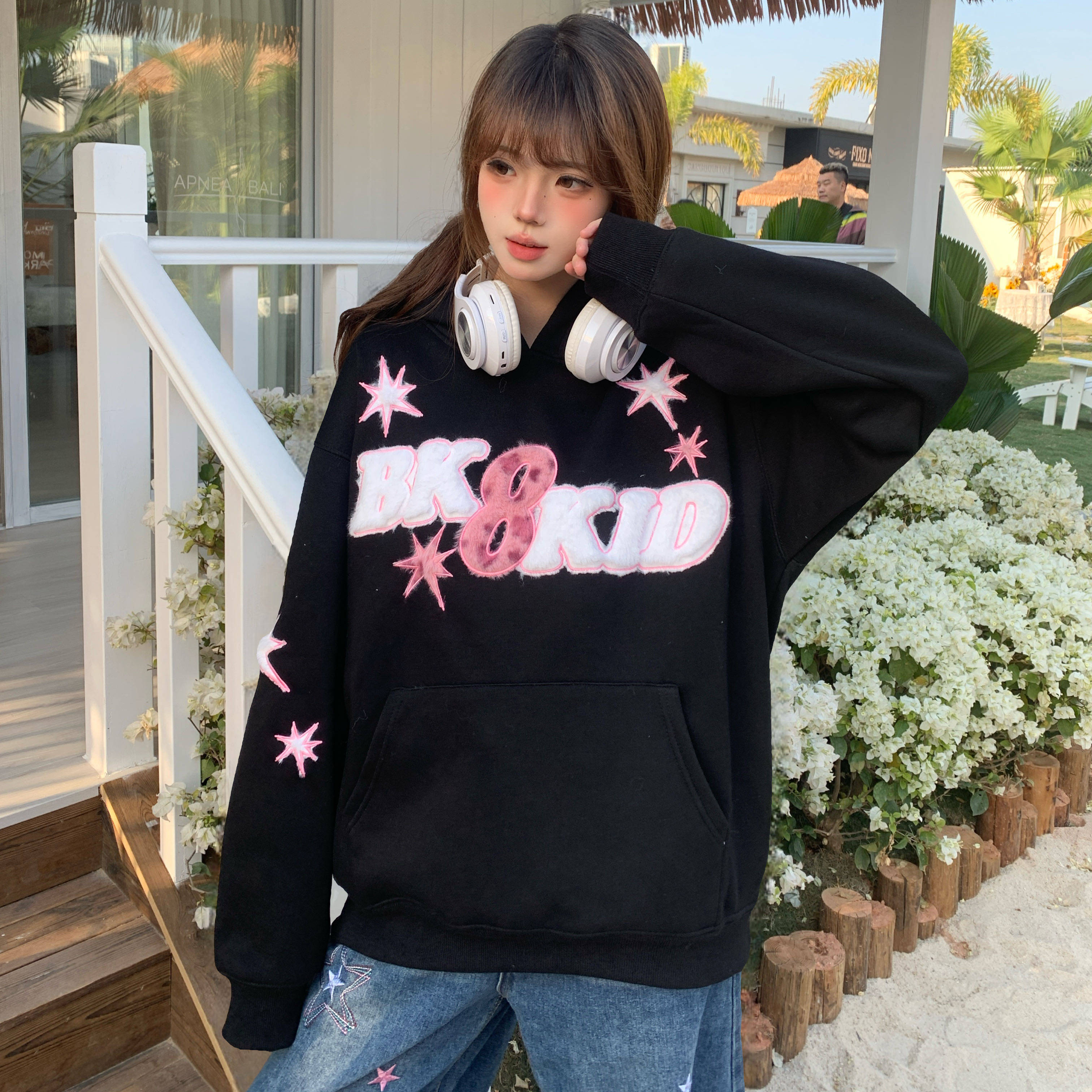 Amoeba美式复古国潮贴布毛绒豹纹字母刺绣男女宽松加绒连帽卫衣