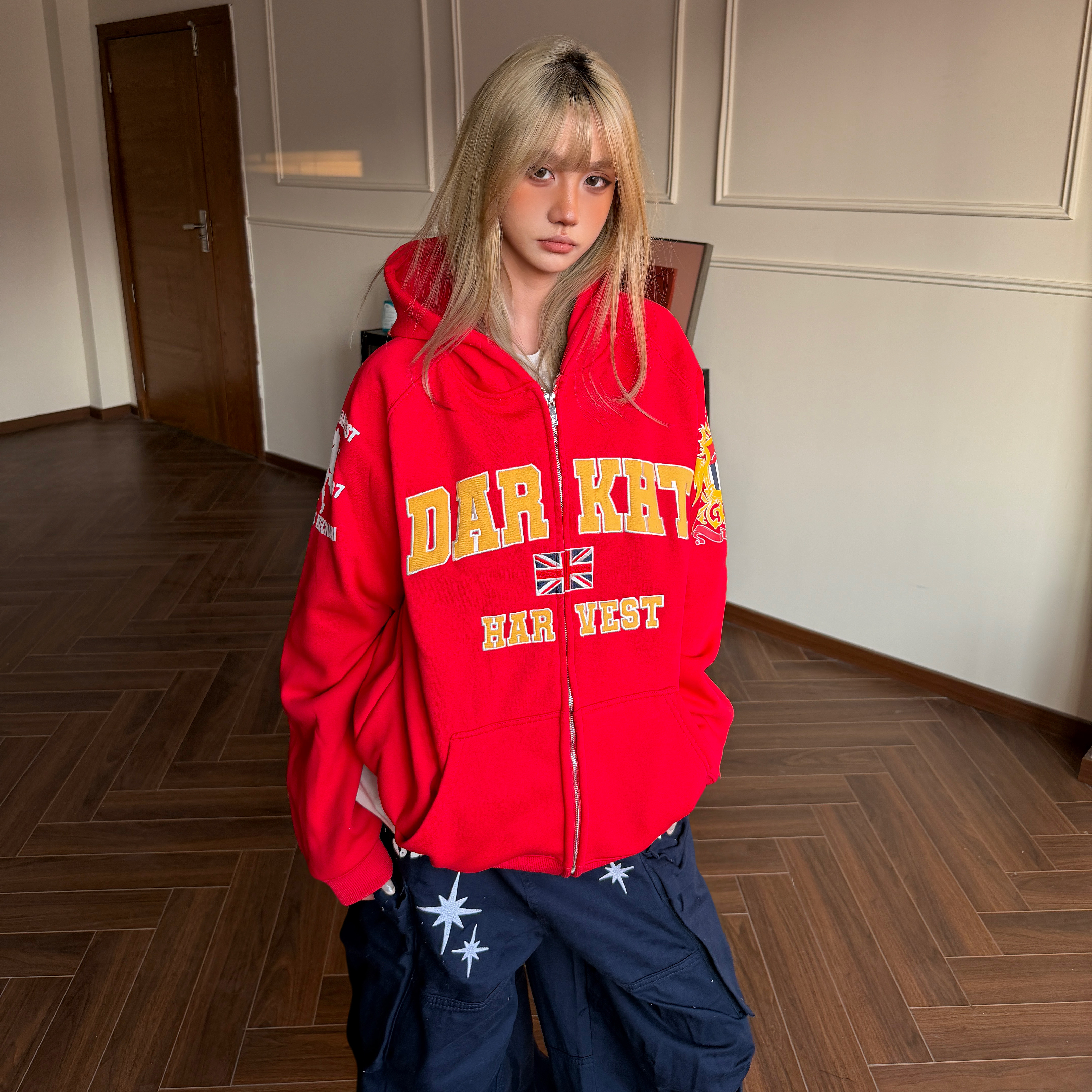 Amoeba美式复古旗标刺绣印花加绒连帽卫衣拉链开衫男女宽松外套