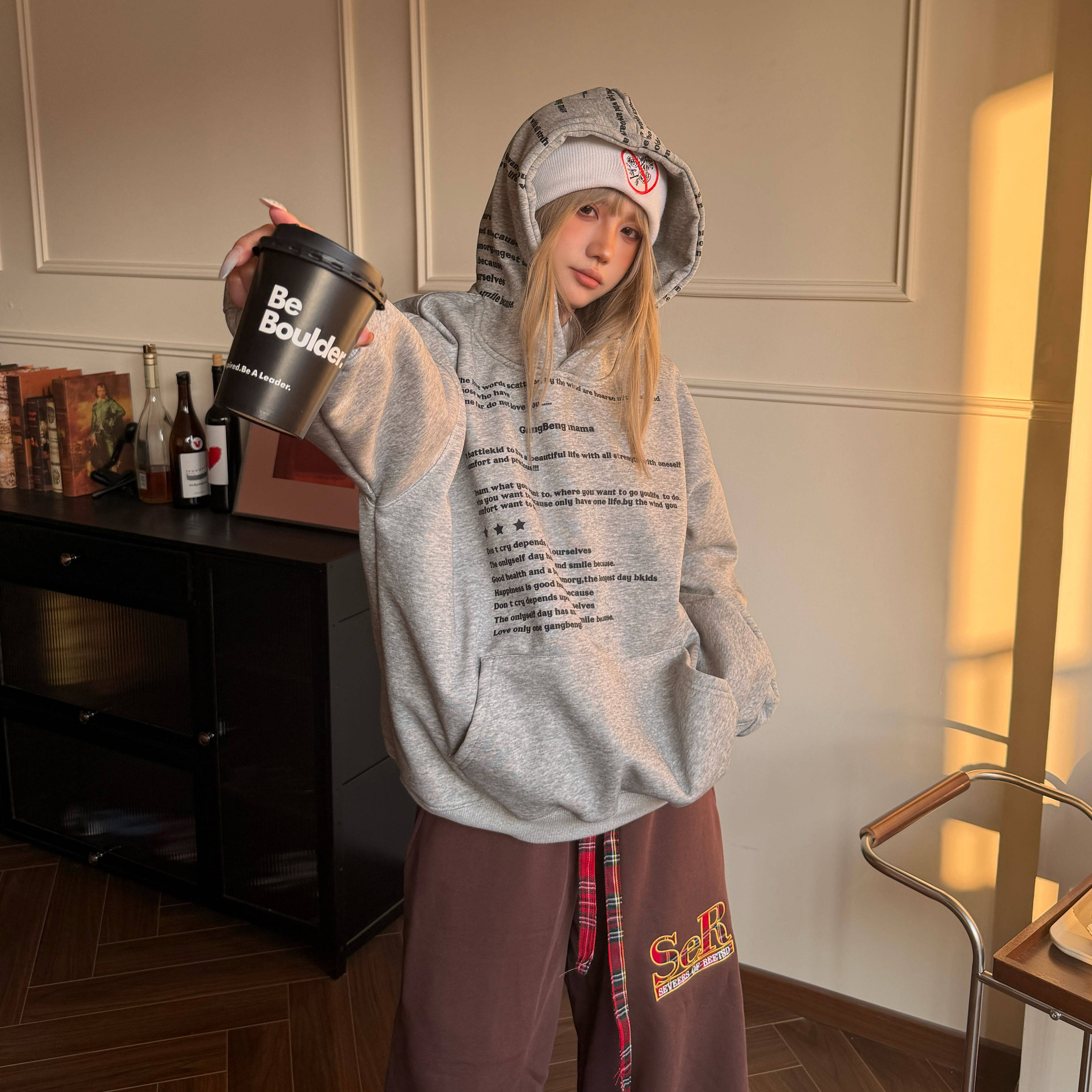 Amoeba美式复古设计感满印字母印花加绒连帽卫衣男女春季宽松帽衫