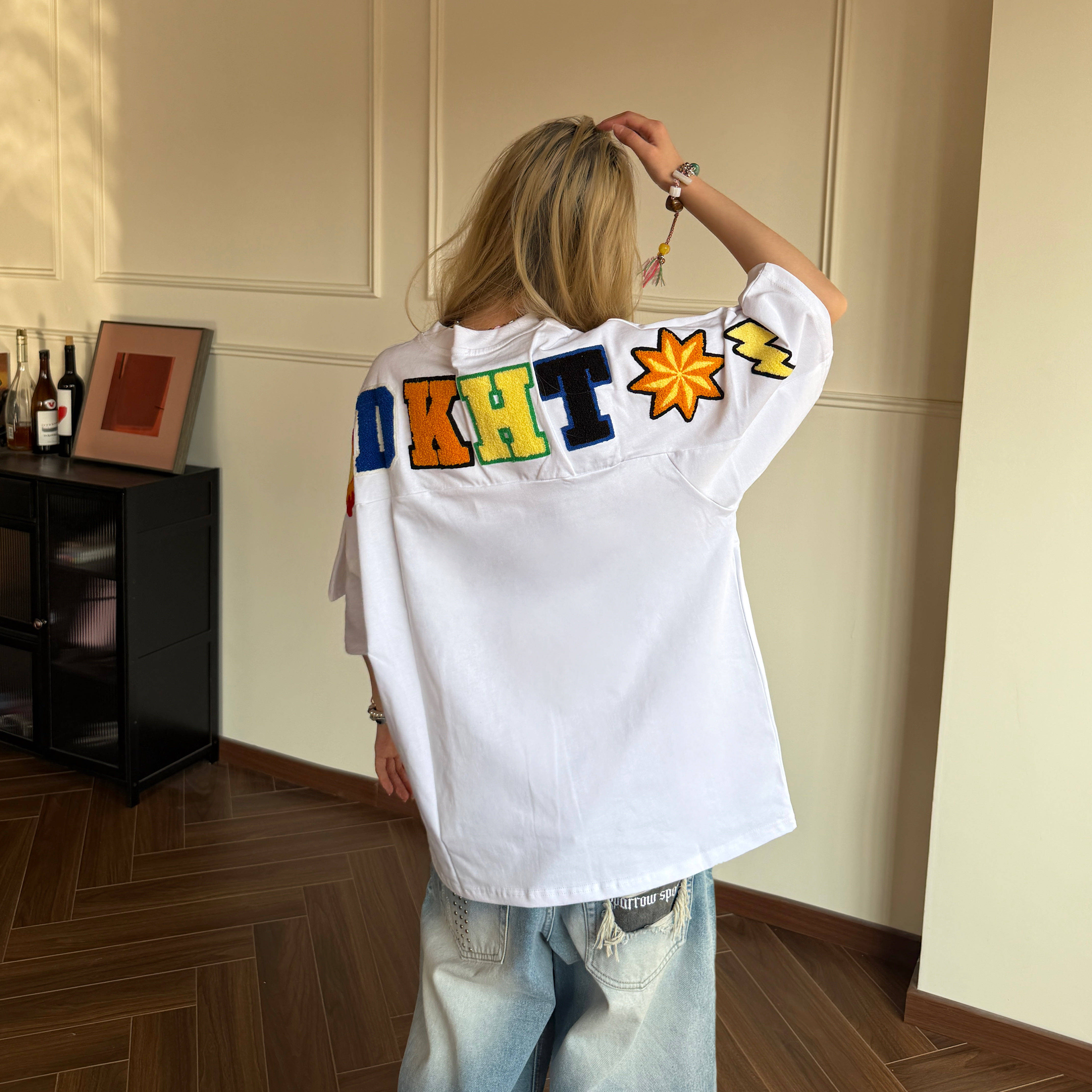 Amoeba原创国潮植绒字母刺绣宽松重磅短袖男女情侣夏季美式T恤