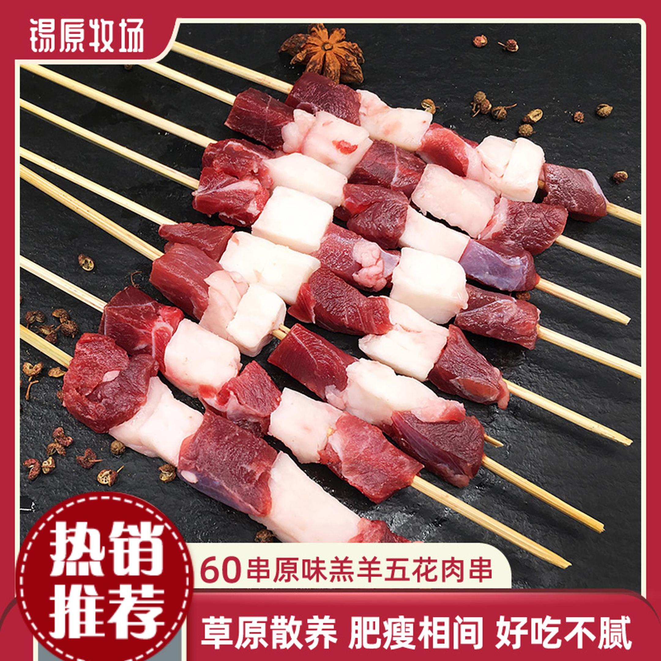 【包邮】内蒙古锡盟羊肉串60串新鲜原味五花串烧烤食材半成品清真