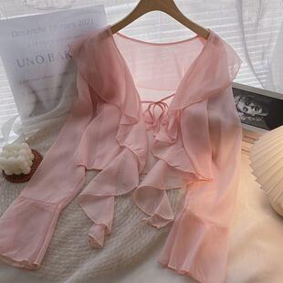 大码荷叶边雪纺防晒衣女装胖mm夏季长袖外穿空调开衫娃娃衫上衣