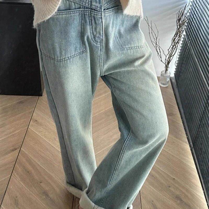 复古蓝加绒直筒牛仔裤女秋冬高腰胖mm大码显瘦梨形身材宽松阔腿裤