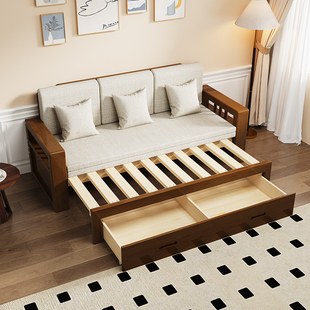 实木沙发床多功能储物沙发床新中式坐卧两用折叠伸缩小户型沙发床