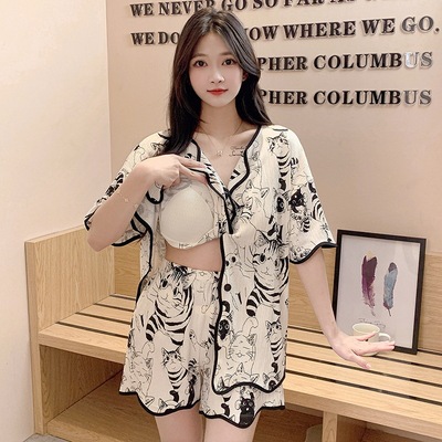 夏季短袖短裤睡衣女薄款韩版甜美防凸点开衫带胸垫家居服套装无印