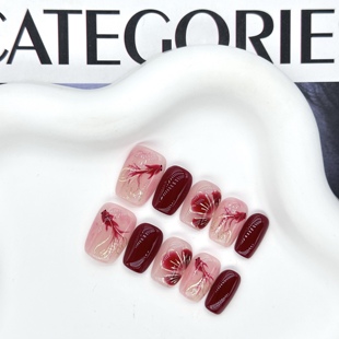 手绘锦鲤高级显白气质短款 红色新中式 手工穿戴甲美甲 鱼跃花开