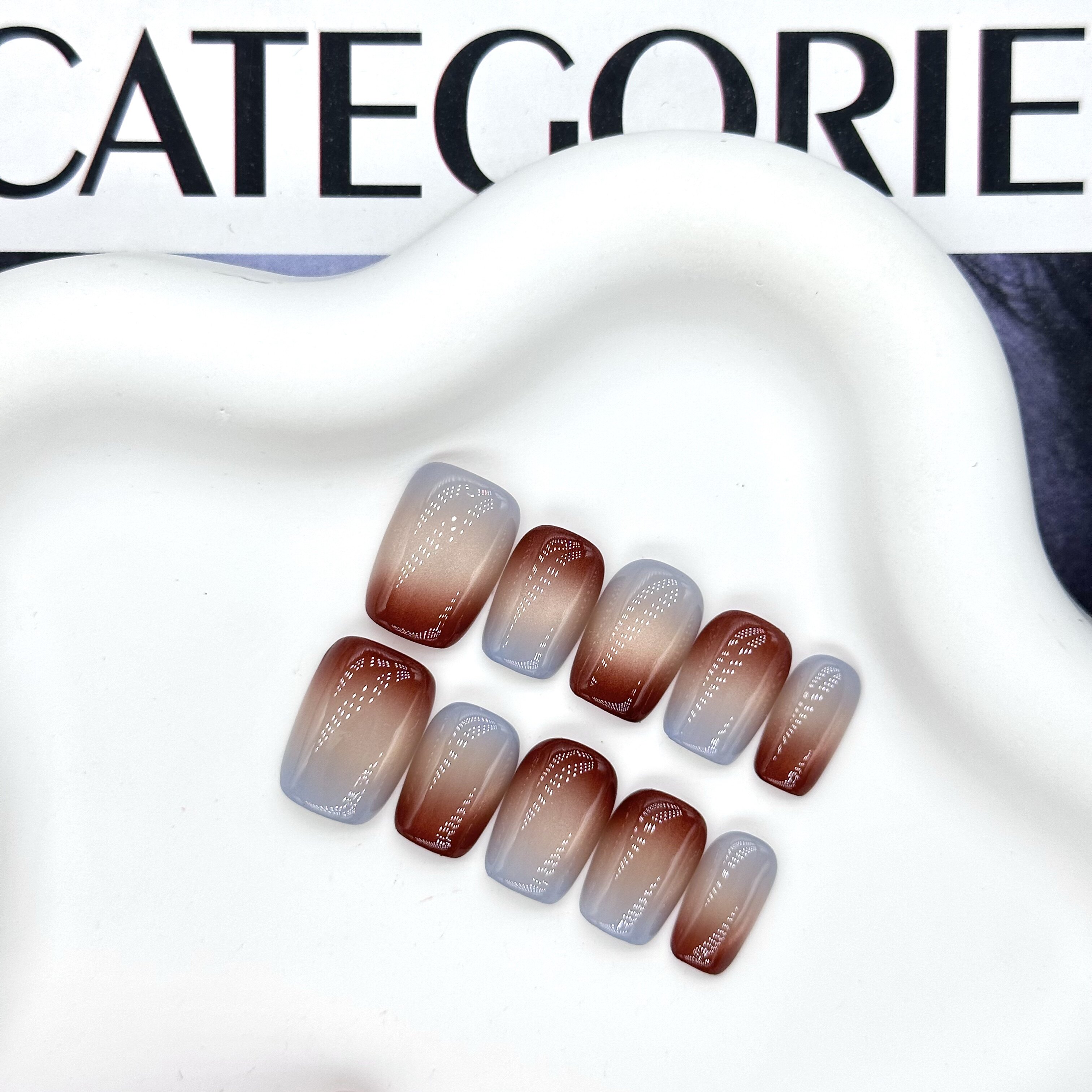 【玉髓】秋冬温柔琥珀棕渐变灰蓝猫眼简约百搭短款显白手工穿戴甲