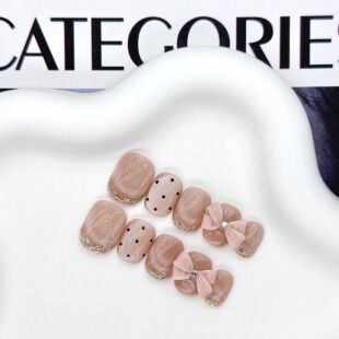 【邻家妹妹】甜美少女裸粉色猫眼立体蝴蝶结短款纯手工穿戴甲美甲