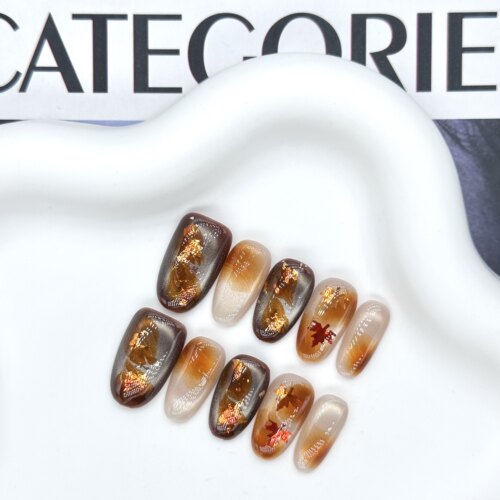 【枫】秋冬氛围感暖棕琥珀晕染猫眼显白短款豆豆甲纯手工穿戴甲