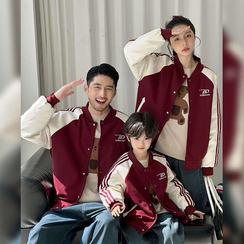亲子装一家三口冬季新款夹棉外套洋气休闲全家装棒球服加厚开衫潮