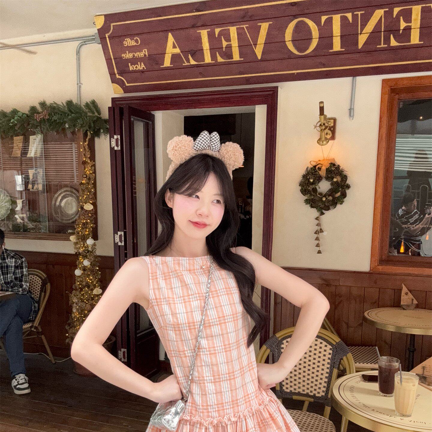 实拍实价甜美盐系小个子少女格子显瘦无袖背心连衣裙