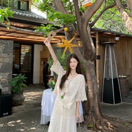 2026夏季新款度假风绣花镂空宽松蕾丝罩衫上衣半身裙套装