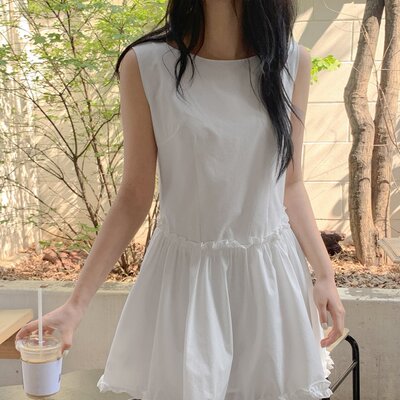 chic 韩系夏季法式木耳边休闲度假无袖背心裙短裙连衣裙