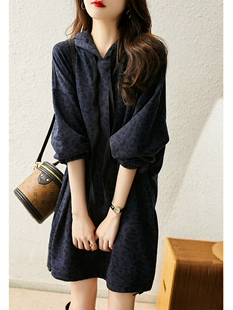 豹纹高级感长袖 日系小香风连帽卫衣裙2023春季 新款 复古宽松连衣裙