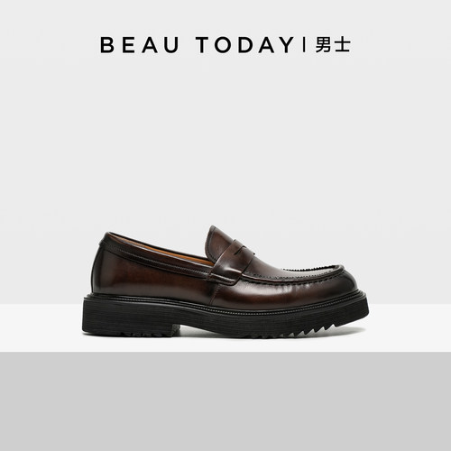 BeauToday【厚履乐福鞋】老钱风休闲皮鞋男真皮一脚蹬豆豆鞋增高