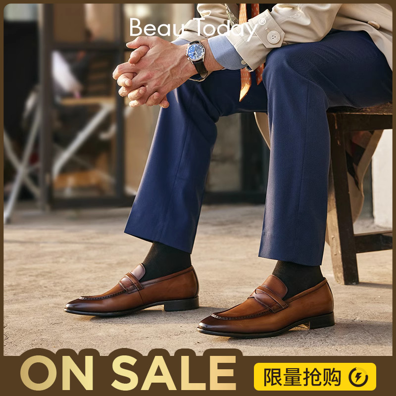 BeauToday商务休闲乐福鞋男款一脚蹬豆豆鞋男士皮鞋英伦进口亮面
