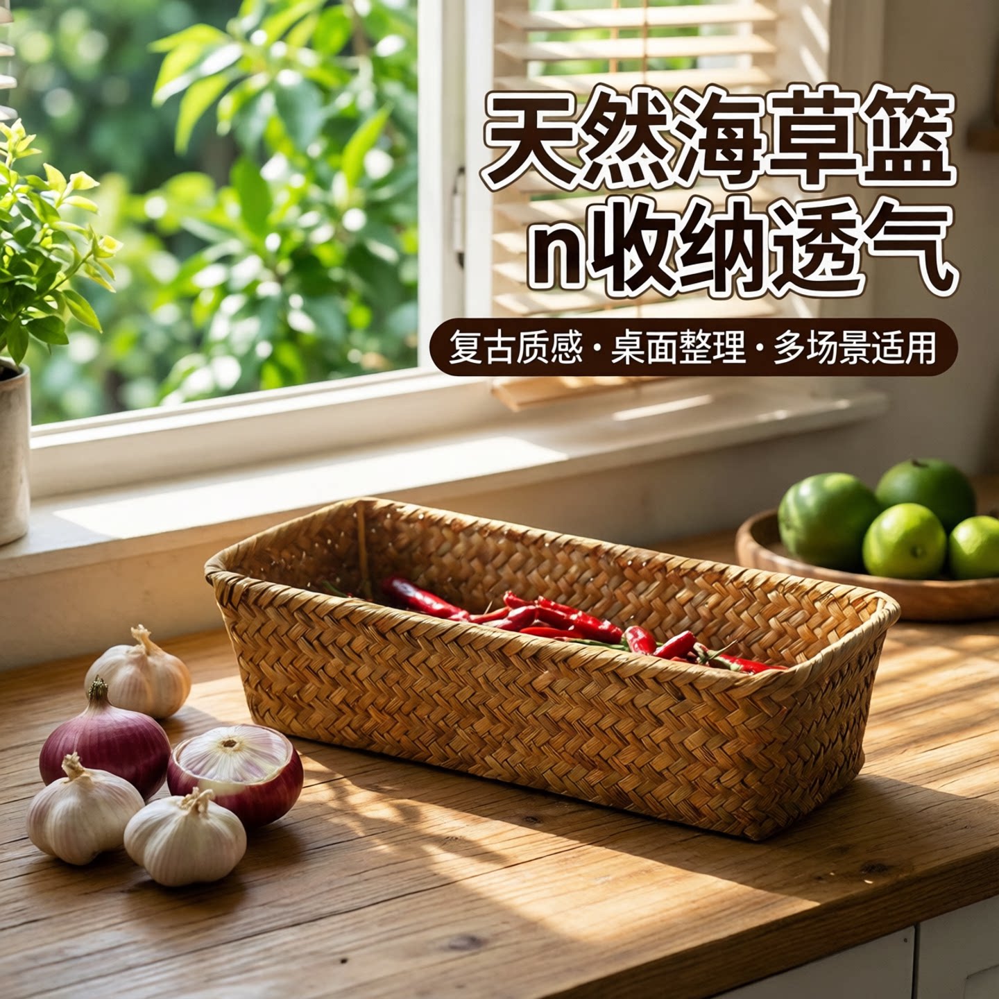 海草收纳筐姜蒜篮放菜水果桌面杂物整理盒小物件玄关编织药箱子