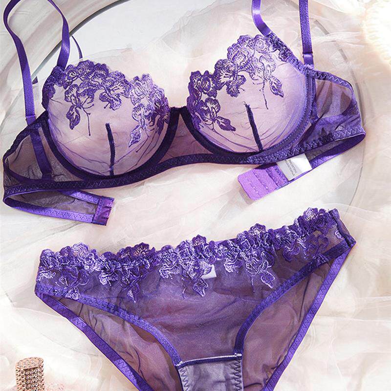 跨境纯欲性感内衣薄纱文胸套装钢圈聚拢大胸显小透明三点式乳罩