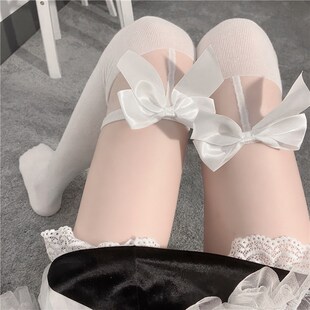 日系黑白色Lolita袜子女甜美洛丽塔蝴蝶结美腿过膝长筒袜学生袜