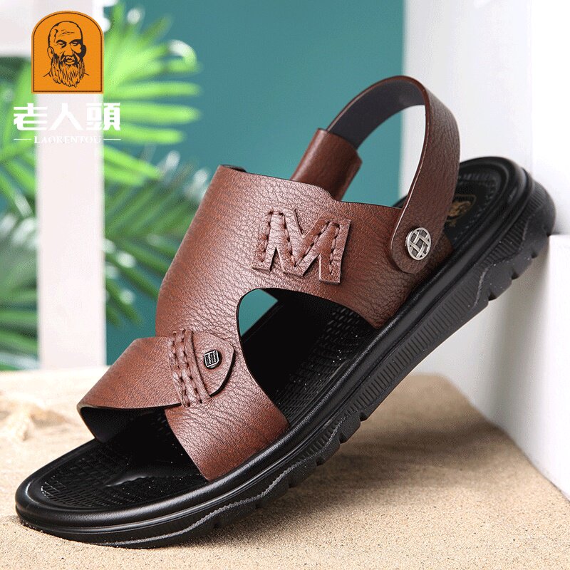 老人头男鞋2021夏季男士凉鞋厚底防滑沙滩鞋男休闲真皮凉拖鞋两穿