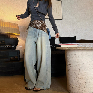 MSKIN6春夏新款牛仔阔腿裤女高腰宽松显瘦浅蓝色毛边百搭长裤
