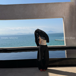 MSKIN6春夏新款复古黑色牛仔裤高腰显瘦修身弯刀裤ins博主风街头