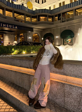 MSKIN6早春新款粉色贴布弯刀裤女高腰显瘦百搭棉质直筒工装牛仔裤