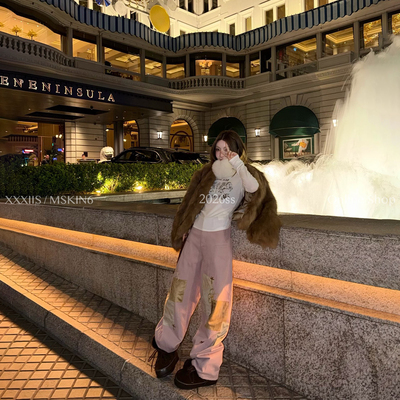 早春粉色贴布弯刀裤女高腰牛仔裤