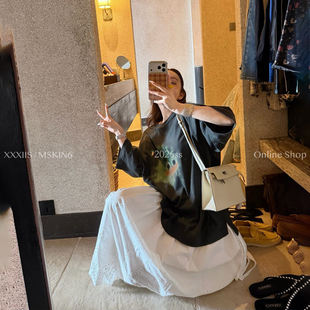 MSKIN6春夏新款女装复古刺绣短袖T恤女棉质宽松情侣款街头百搭