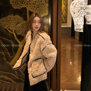 MSKIN6秋冬小香风撞色毛毛外套女加厚环保皮草宽松显瘦保暖不臃肿