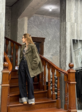 MSKIN6冬季卷边烫钻牛仔裤女高腰显瘦直筒宽松重工洗水不挑腿型