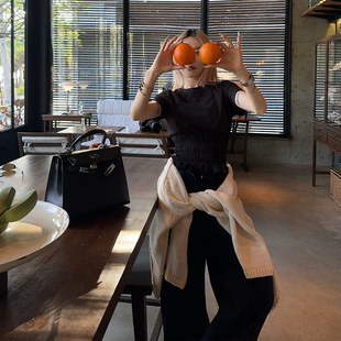 MSKIN6春夏收腰短款T恤女褶皱修身显瘦辣妹ins风百搭少女感