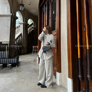 MSKIN6早秋亚麻裤女直筒高腰显瘦宽松长裤小个子百搭显高休闲