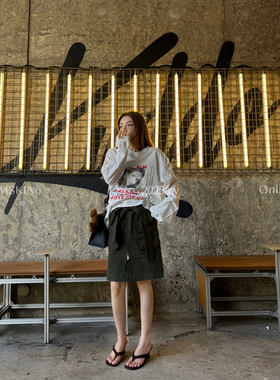 MSKIN6早秋军绿翻边腰带半裙女棉质多口袋百搭街头潮酷飒可调节