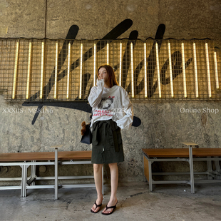 MSKIN6早秋军绿翻边腰带半裙女棉质多口袋百搭街头潮酷飒可调节