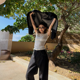 MSKIN6夏季短袖T恤女修身短款极简风米白色粘胶纤维弹力舒适百搭